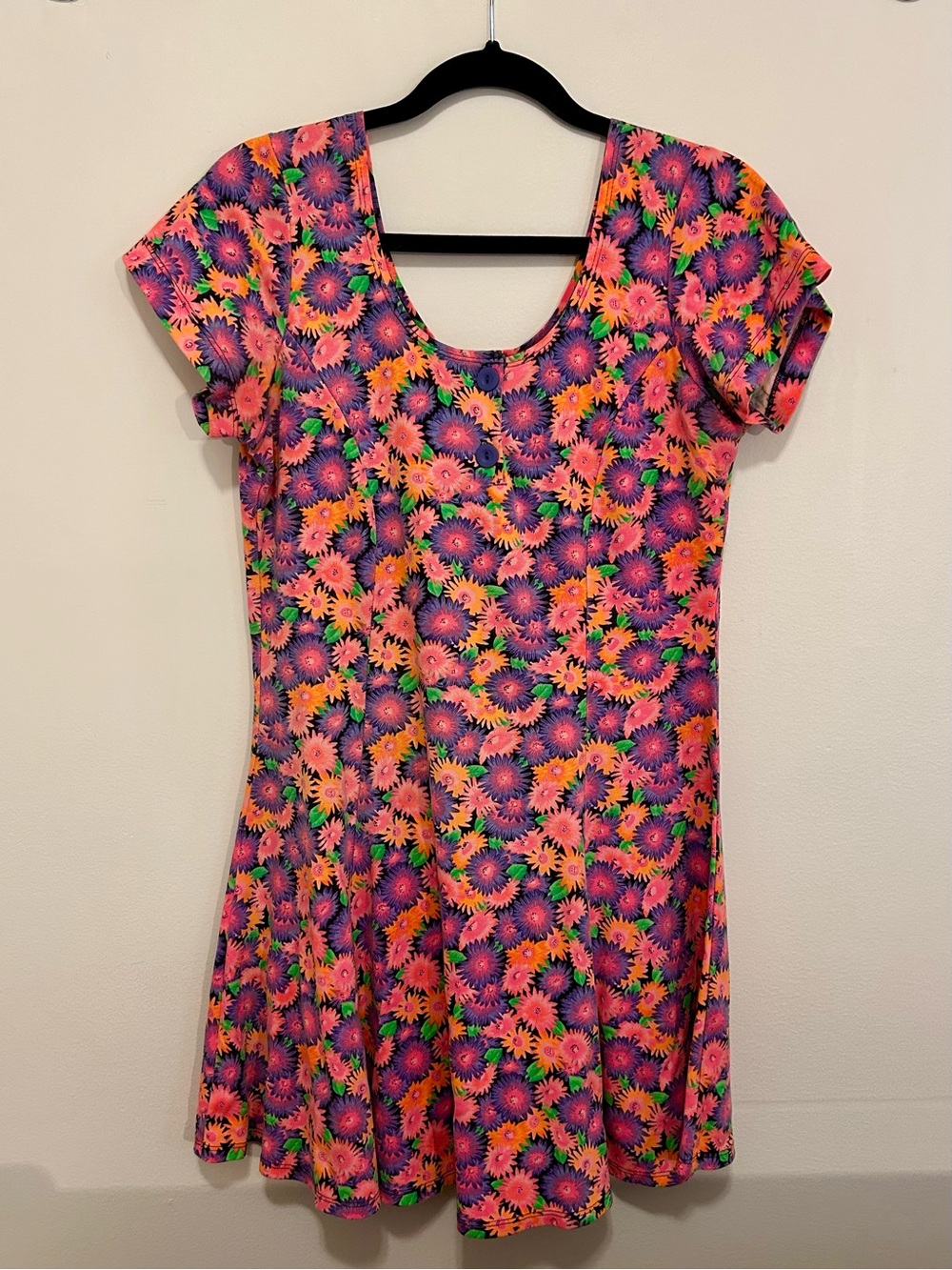 Vintage Vibrant Floral Scoop Neck Skater Dress - Neon Pink & Purple